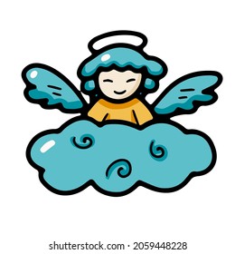 Little angel with wings and a halo on a cloud in doodle style