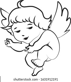 Little angel with wings. Putti. Linear graphic image. Vector illustration