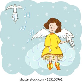 Little angel in the yellow dress with doves in the sky