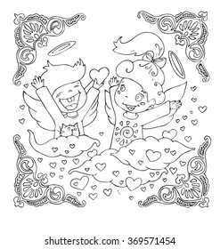 the little angels are decorated with framed outline for coloring isolated on the white background