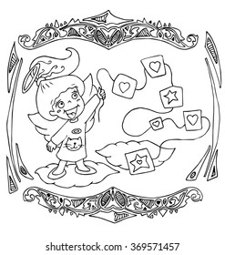 the little angels are decorated with framed outline for coloring isolated on the white background