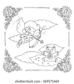 the little angels are decorated with framed outline for coloring isolated on the white background