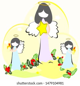 little angels - fairy with wings and candlelight ,Love of mother and daughter, bright background stars and Christmas, small white stars, vector festival