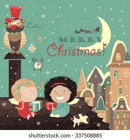 Little angels on the roof of celebrating Christmas. Vector greeting card