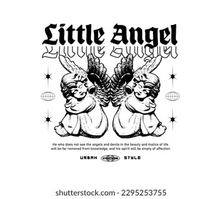 little angels slogan with baby angels statue graphic vector illustration in vintage style for streetwear and urban style t-shirts design, hoodies, etc