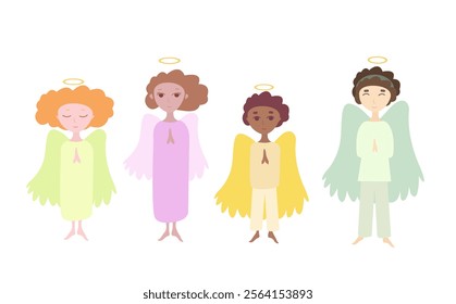 Little angels stand with folded hands in prayer .Vector illustration on a white background.Little cute children are praying.Joyful children in colorful clothes with wings are standing and praying.

