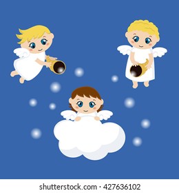 Little angels with stars and cloud. Cartoon vector illustration.