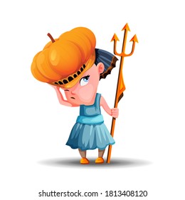 Little angry girl with a pumpkin hat and a trident in her hand. Cute girl dressed for the holiday Halloween. Cartoon vector character on white background. Isolated