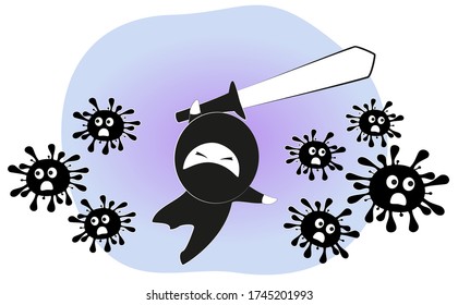 Little angry ninja with a sword is fighting coronavirus. Frightened virus' escapes from a black and white man. Image in the style of computer games. EPS10 vector illustration
