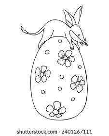 Little animal bilby on Easter egg. Australian animal. Linear, outline drawing, coloring book. Kids collection. Vector illustration