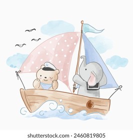 little animal buddies on sailing boat cartoon illustration