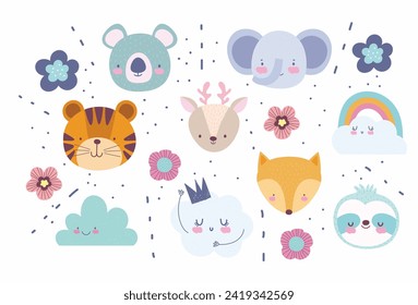 Little animal faces icon set with background