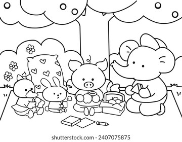 Little Animal have a good time to picnic. cartoon coloring page style.