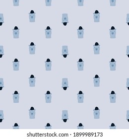 Little animal seamless pattern with hand drawn bear head print. Funny animals in hat artwork in blue tones. Vector illustration for seasonal textile prints, fabric, banners, backdrops and wallpapers.