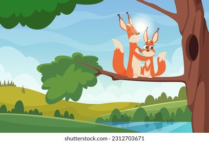 Little animals. Background landscape with funny cartoon happy animals exact vector template