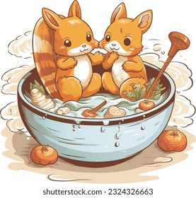 Little animals and a cup full of food.