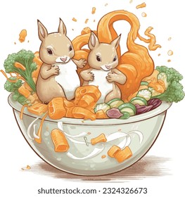 Little animals and a cup full of food.