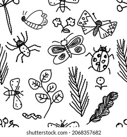 Little animals in garden. Hand-drawn seamless pattern in embroidery style.