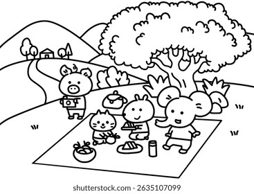 Pequenos animais têm um piquenique com seus amigos colorindo o estilo das páginas.