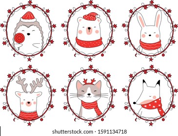 Сute Little Animals. Hedgehog, Bear, Cat, Deer, Fox, Hare. Winter, Snow.
Happy New Year 2020 Greeting Card. Christmas. 