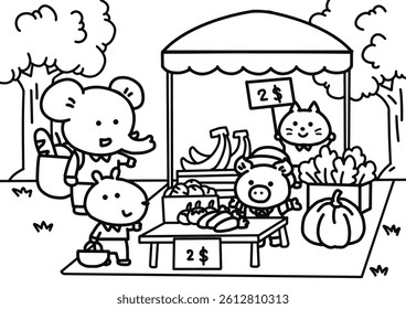Little animals shopping at the market.