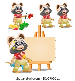 Little Animated Raccoon In Clothes Learning How To Draw And Make Origami Isolated On A White Background. Vector Cartoon Close-up Illustration.