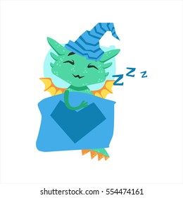 Little Anime Style Baby Dragon Sleeping In Bed With Night Hat Cartoon Character Emoji Illustration