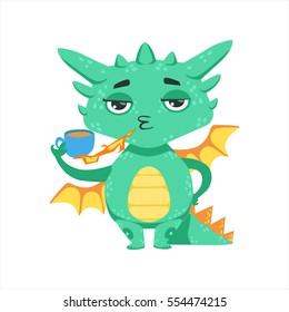Little Anime Style Baby Dragon Warming Up Tea With Fire Cartoon Character Emoji Illustration