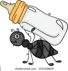 Little ant carrying a baby milk bottle
