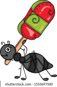 Little ant carrying a ice cream on a stick