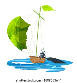 Little ant riding a walnut ship with leaf sails