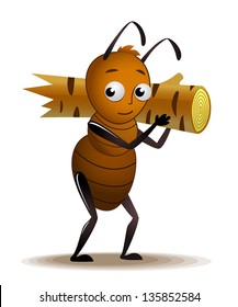 Little ant worker carries a log. Vector illustration.