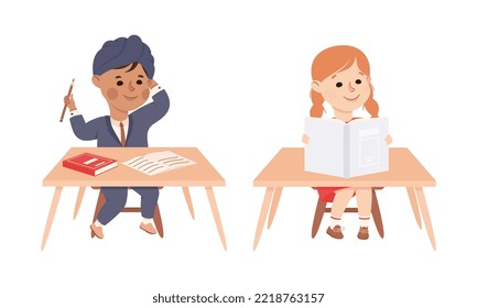 Little Arab Boy and Girl Pupil Sitting at Table with Copybook Engaged in Elementary Education Vector Set