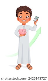 Little Arab boy with piggy bank and calculator. Smart kid saving money for future. Cartoon vector illustration isolated on white background.