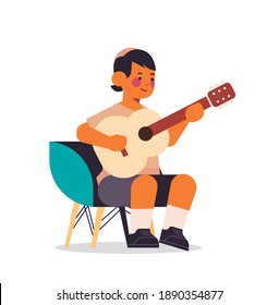 little arab boy playing guitar childhood concept full length vector illustration