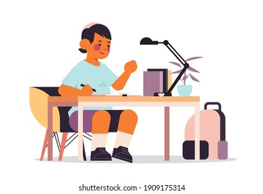 little arab boy studying and doing school homework education childhood concept full length horizontal vector illustration