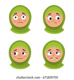 Little arab girl with hijab upset face expression, set of cartoon vector illustrations isolated on white background. Set of kid emotion face icons, facial expressions.