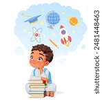 Little Arab school boy sitting with books and dreaming of a career in science. Cartoon vector illustration isolated on white background.