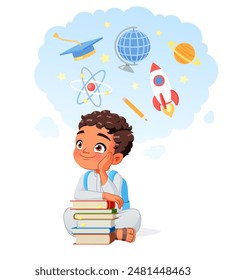 Little Arab school boy sitting with books and dreaming of a career in science. Cartoon vector illustration isolated on white background.