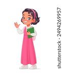 Little Arab school girl in uniform with a book waving. Cartoon vector illustration isolated on white background.