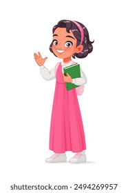 Little Arab school girl in uniform with a book waving. Cartoon vector illustration isolated on white background.