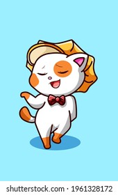 Little arrogant cat wearing hat and ribbon tie