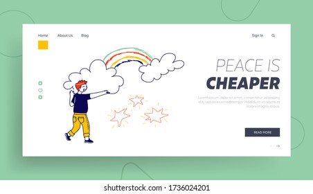 Little Artist Activity, Childhood Landing Page Template. Happy Boy Drawing Stars, Rainbow and Clouds. Child Character Painting on Wall. International Kids Day or Peace Day. Linear Vector Illustration