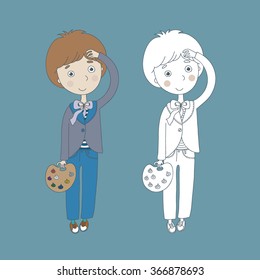 little artist boy with palette. coloring illustration 