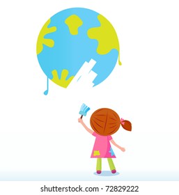 Little artist - child painting Earth ( planet, globe ). Vector