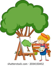 Little artist drawing a tree picture isolated on white background illustration