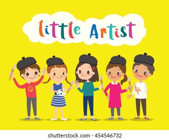 little artist, isolated kids children with painting tools cartoon character vector illustration 