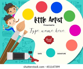 Little Artist, Kids Diploma Child Painting Course Certificate Template With Art Palette Background