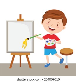 Little artist painting. Vector illustration of a little boy painting with color palette and paint brush.