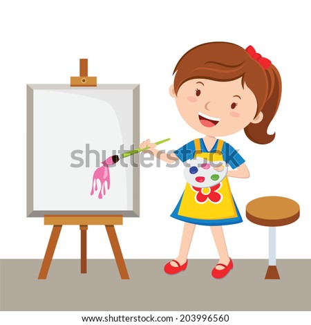 Little artist. Vector illustration of a little girl painting with color palette and paint brush.